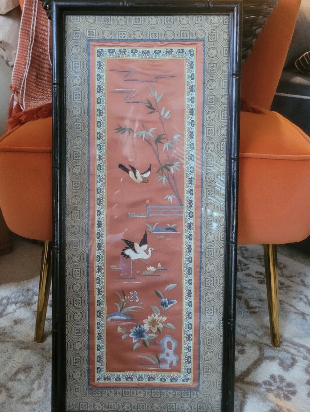 Vintage Chinoiserie Crane Textile Art Black Bamboo Frame